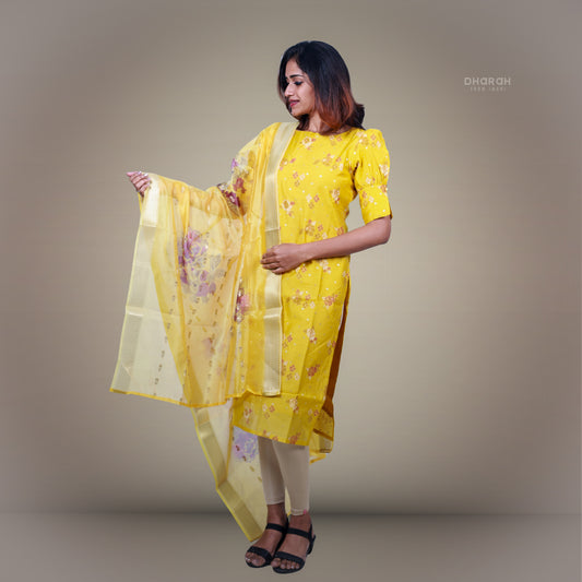 Lemon Cream Yellow Chanderi Kurti 2-Piece Kurti & Dupatta Set