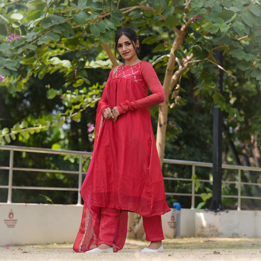 Contemporary Elegance Premium Ruby Pink space silk A-Line 3-Piece Kurti Set