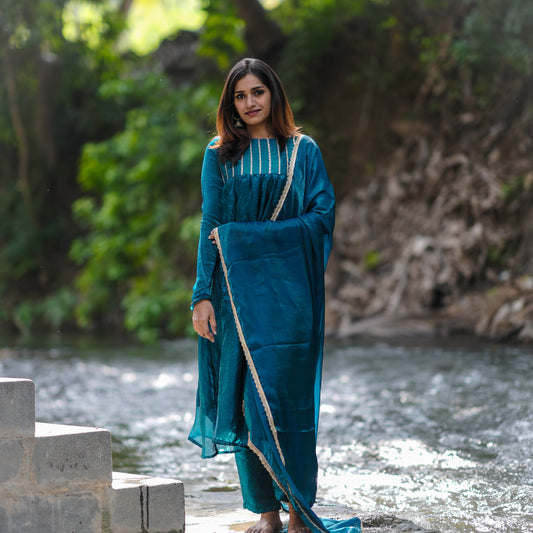 Azura Essence Emerald Blue Space Silk A-Line 3-Piece Kurti Set