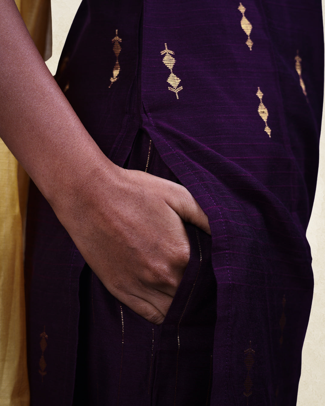 Premium Violet Raw Silk Golden Zari Butta Motifs 3-Piece Kurti Set