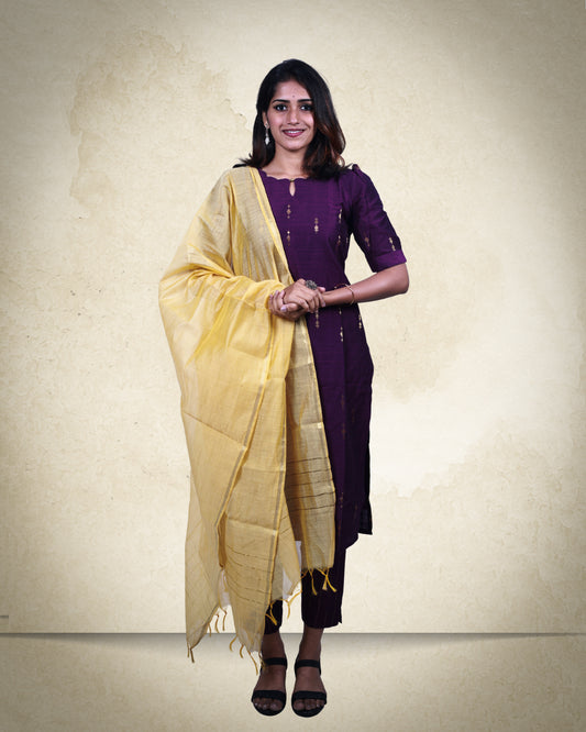 Premium Violet Raw Silk Golden Zari Butta Motifs 3-Piece Kurti Set