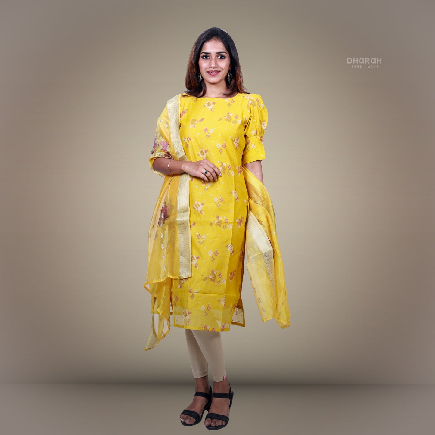 Lemon Cream Yellow Chanderi Kurti 2-Piece Kurti & Dupatta Set