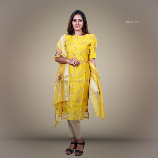 Lemon Cream Yellow Chanderi Kurti 2-Piece Kurti & Dupatta Set