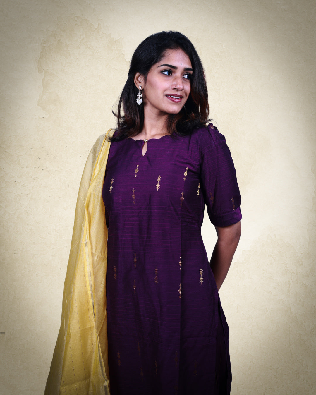 Premium Violet Raw Silk Golden Zari Butta Motifs 3-Piece Kurti Set