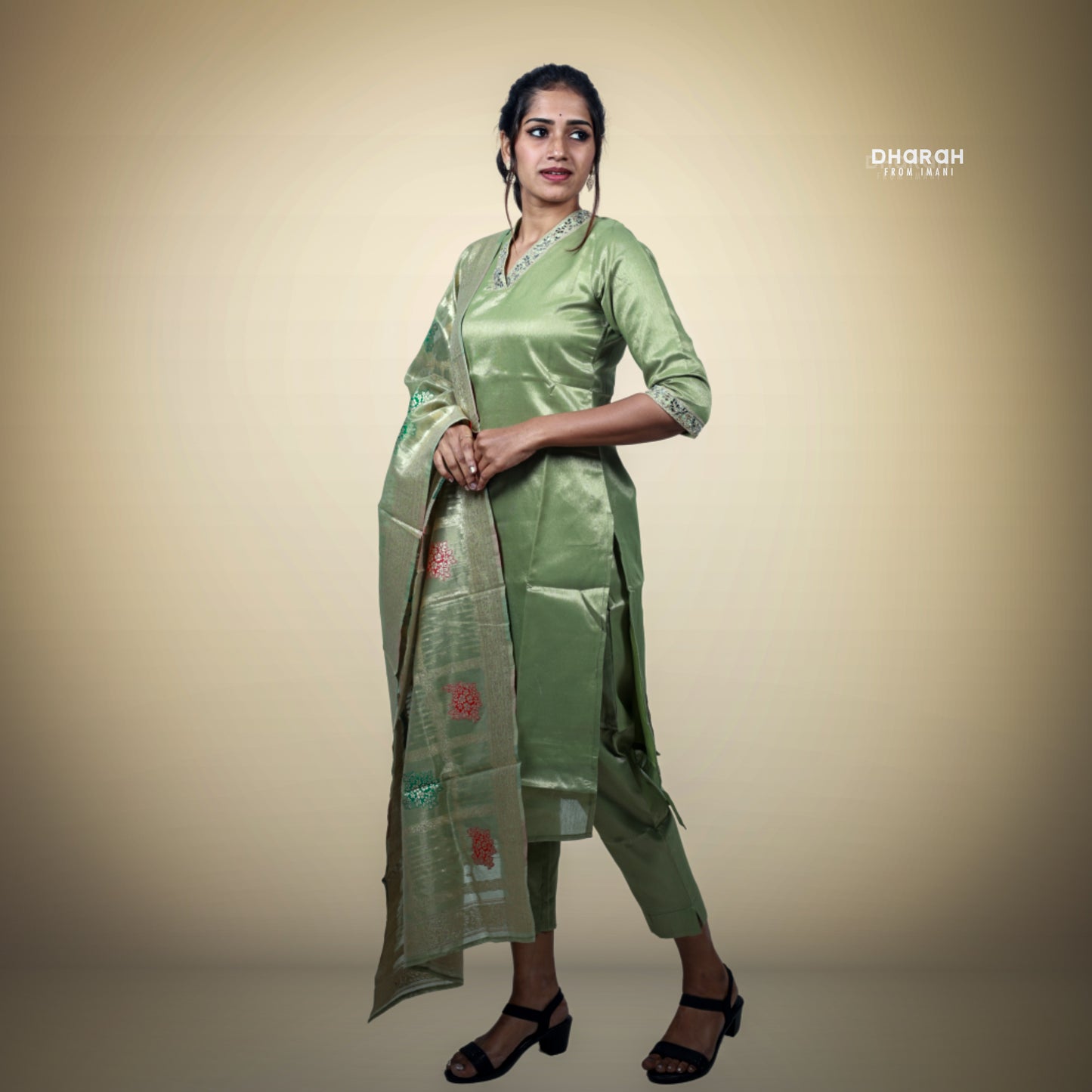 Trending Fresh Pista Green Shimmer Muslin 3-Kurti Set