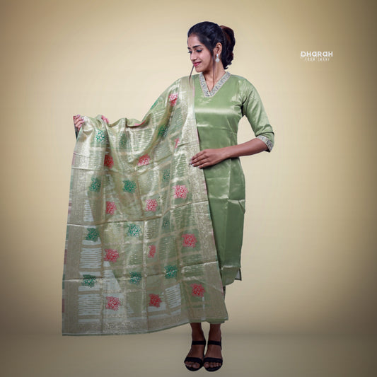 Trending Fresh Pista Green Shimmer Muslin 3-Kurti Set