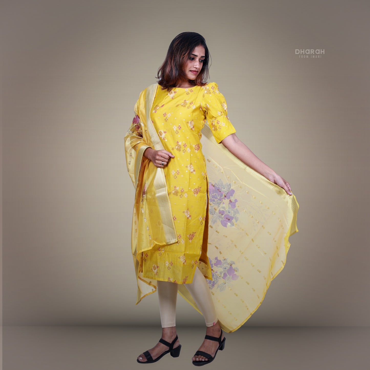 Lemon Cream Yellow Chanderi Kurti 2-Piece Kurti & Dupatta Set