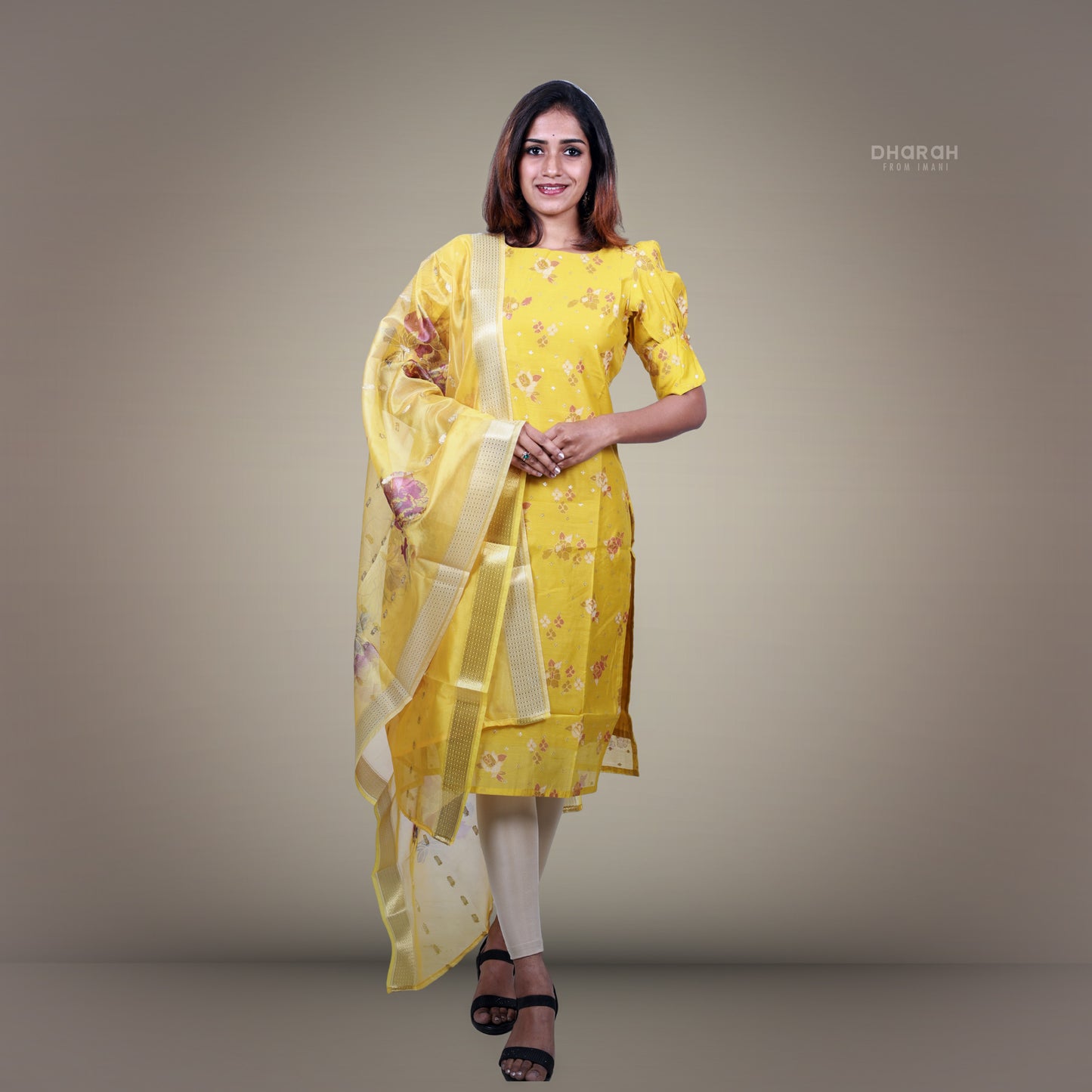 Lemon Cream Yellow Chanderi Kurti 2-Piece Kurti & Dupatta Set
