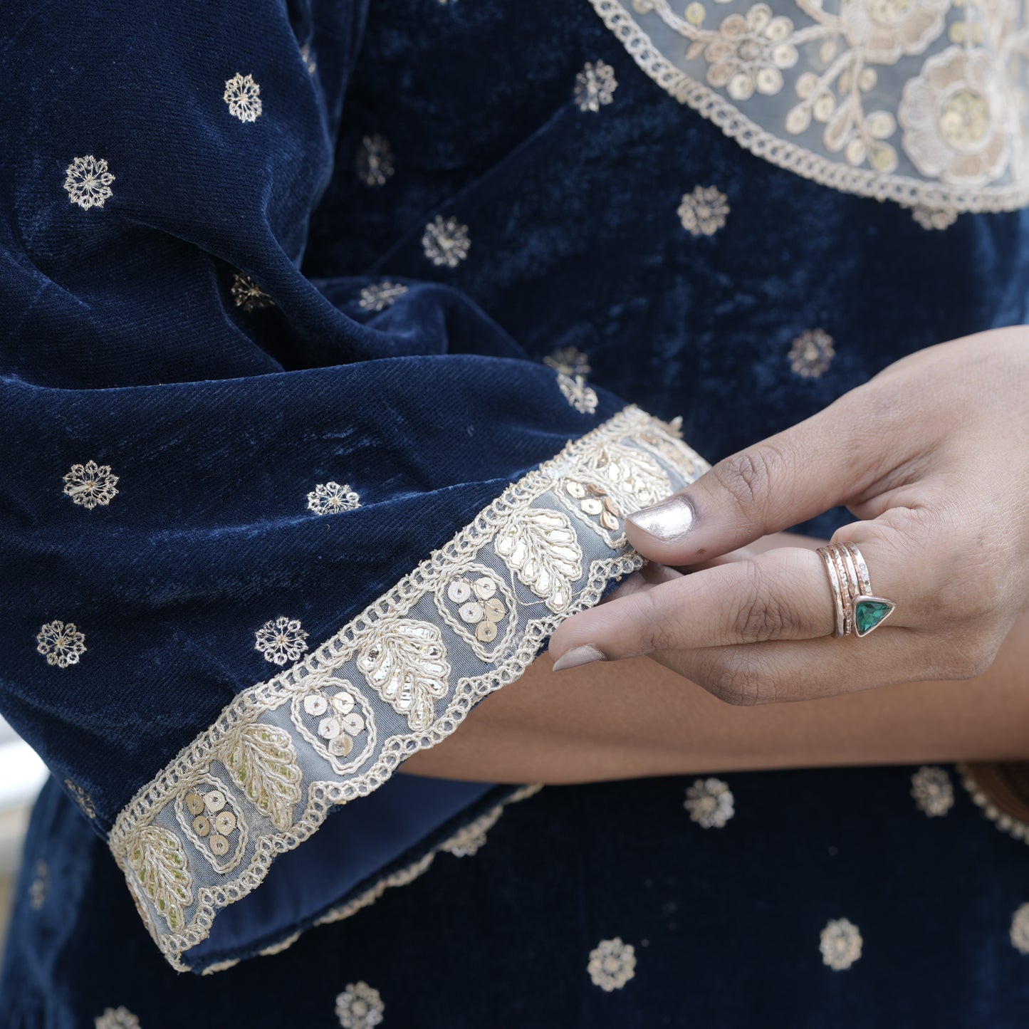 Dark Teal Blue Velvet 3-Piece Kurti Set with Elegant Floral Embroidery