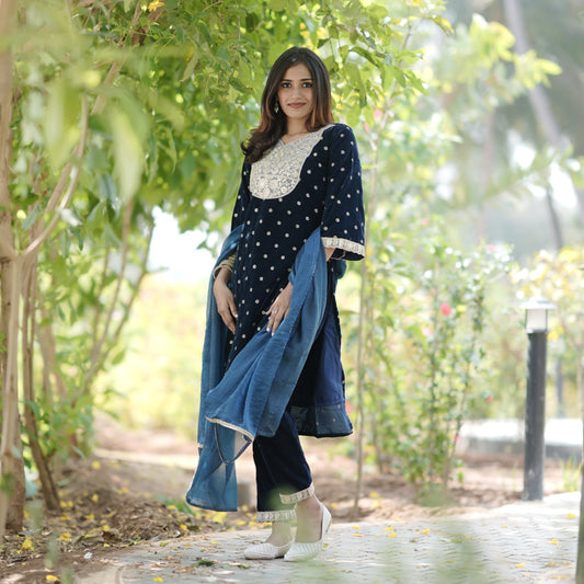 Dark Teal Blue Velvet 3-Piece Kurti Set with Elegant Floral Embroidery