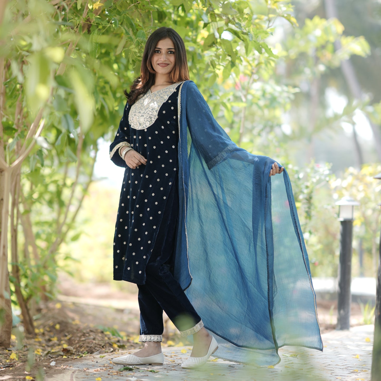 Dark Teal Blue Velvet 3-Piece Kurti Set with Elegant Floral Embroidery