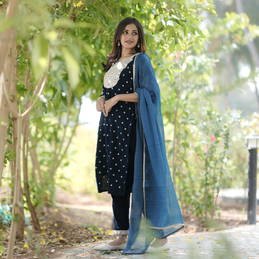 Dark Teal Blue Velvet 3-Piece Kurti Set with Elegant Floral Embroidery