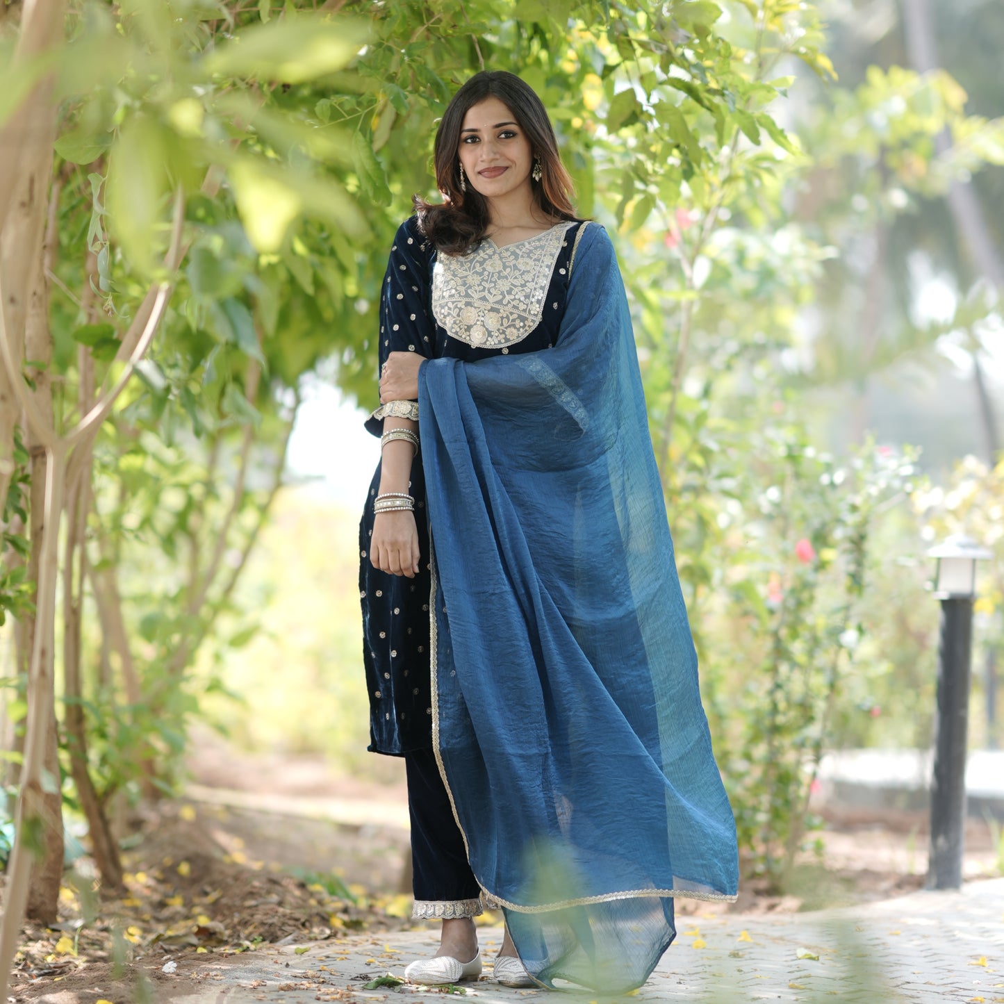 Dark Teal Blue Velvet 3-Piece Kurti Set with Elegant Floral Embroidery