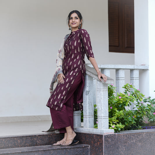 Elegant Tradition premium Chanderi Maroon Kurti  3-piece Kurti Set