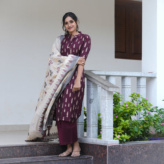 Elegant Tradition premium Chanderi Maroon Kurti  3-piece Kurti Set