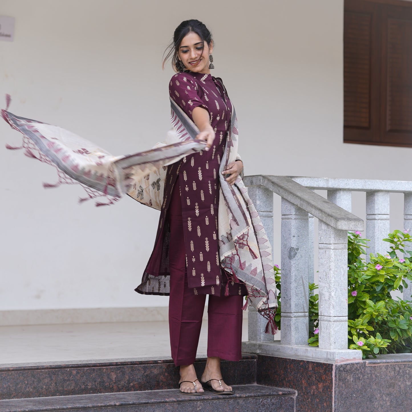 Elegant Tradition premium Chanderi Maroon Kurti  3-piece Kurti Set