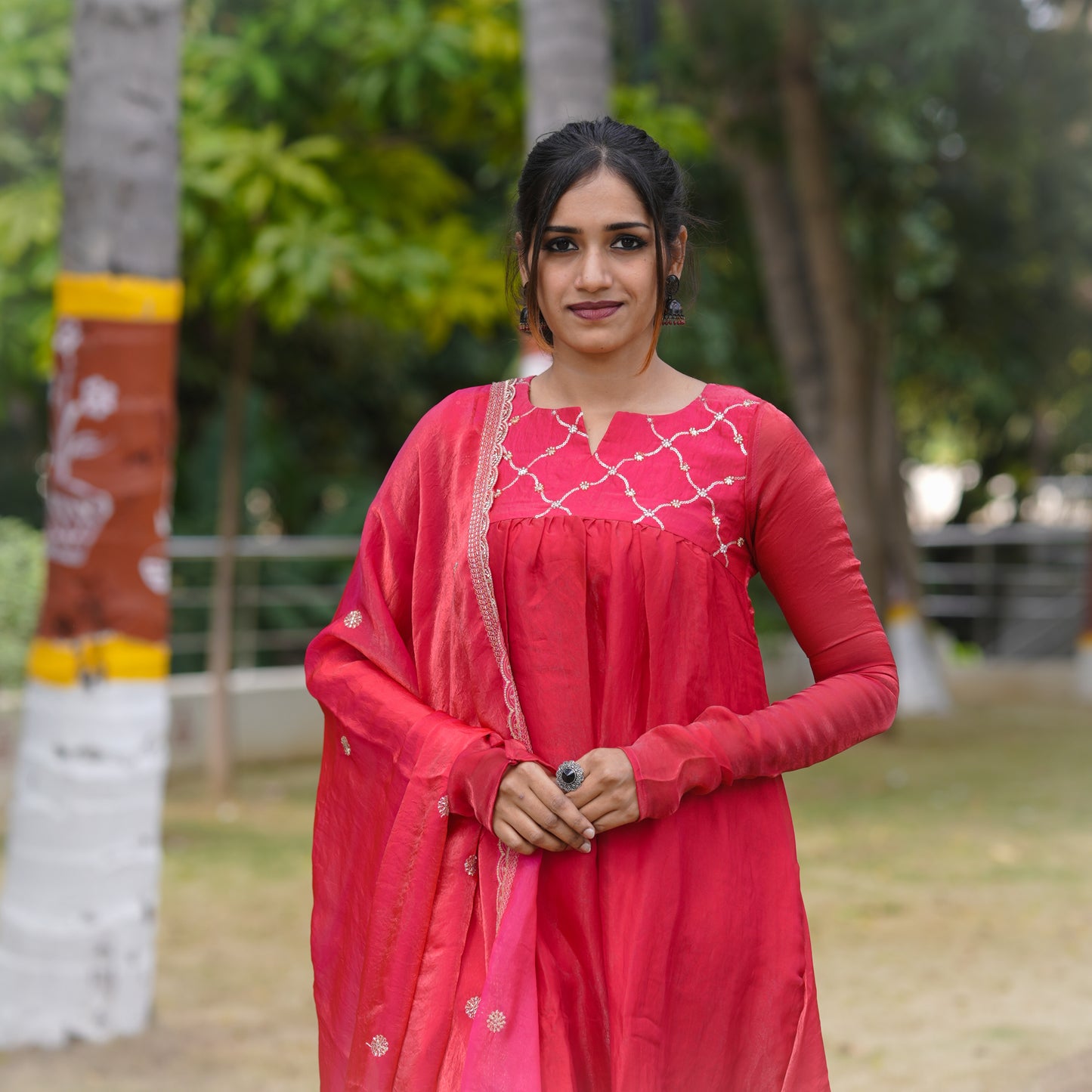 Contemporary Elegance Premium Ruby Pink space silk A-Line 3-Piece Kurti Set