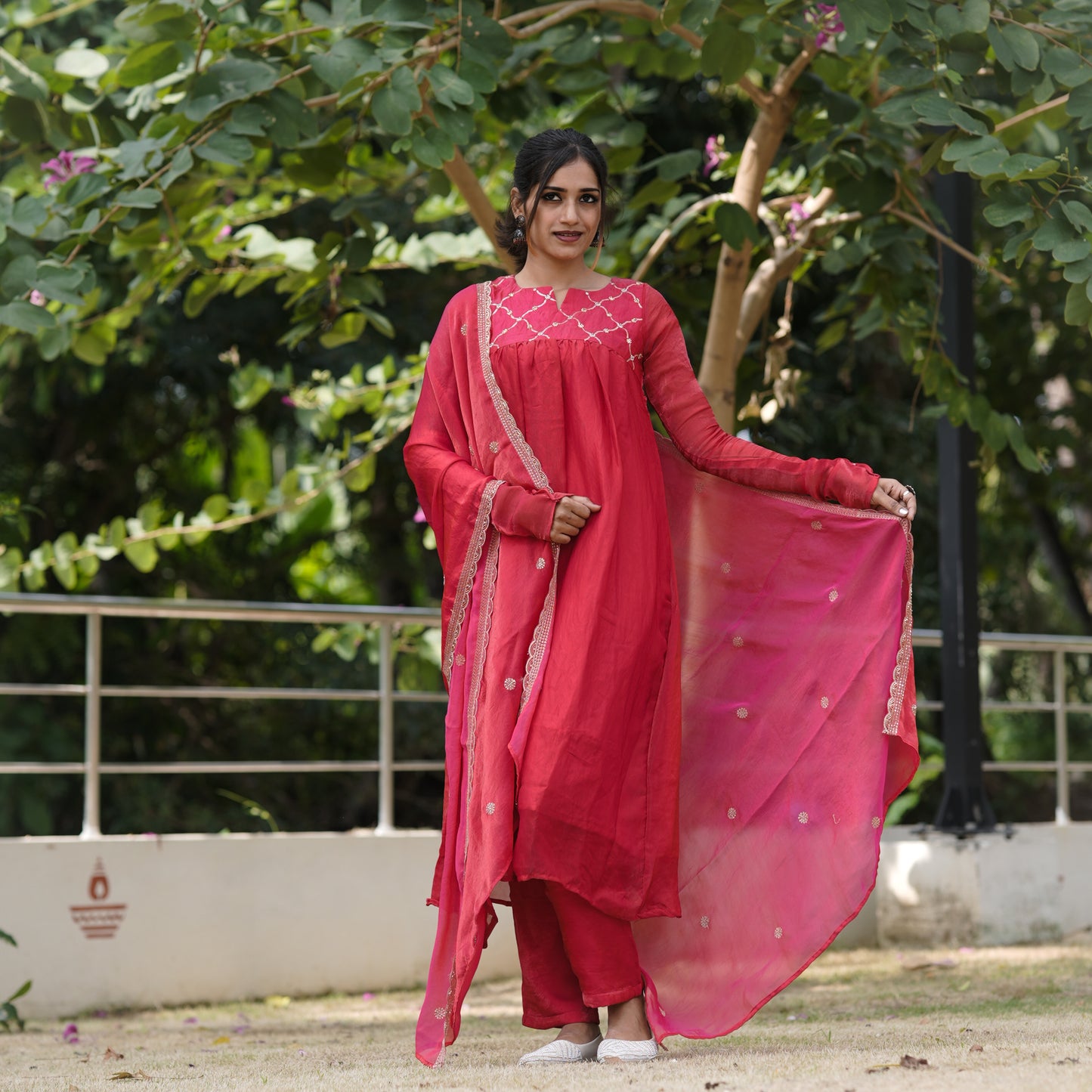 Contemporary Elegance Premium Ruby Pink space silk A-Line 3-Piece Kurti Set