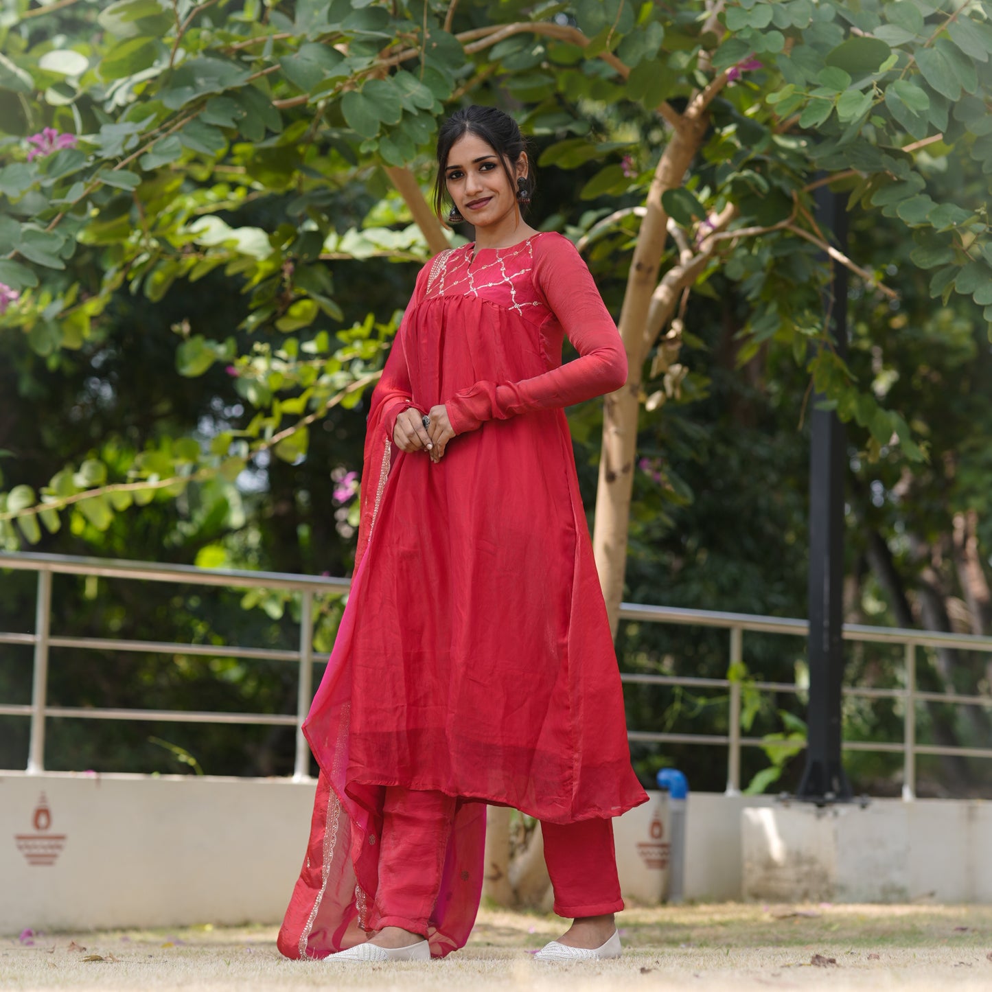 Contemporary Elegance Premium Ruby Pink space silk A-Line 3-Piece Kurti Set