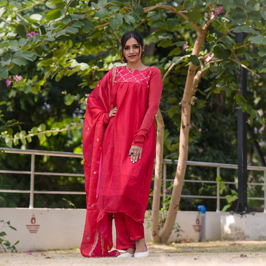 Contemporary Elegance Premium Ruby Pink space silk A-Line 3-Piece Kurti Set