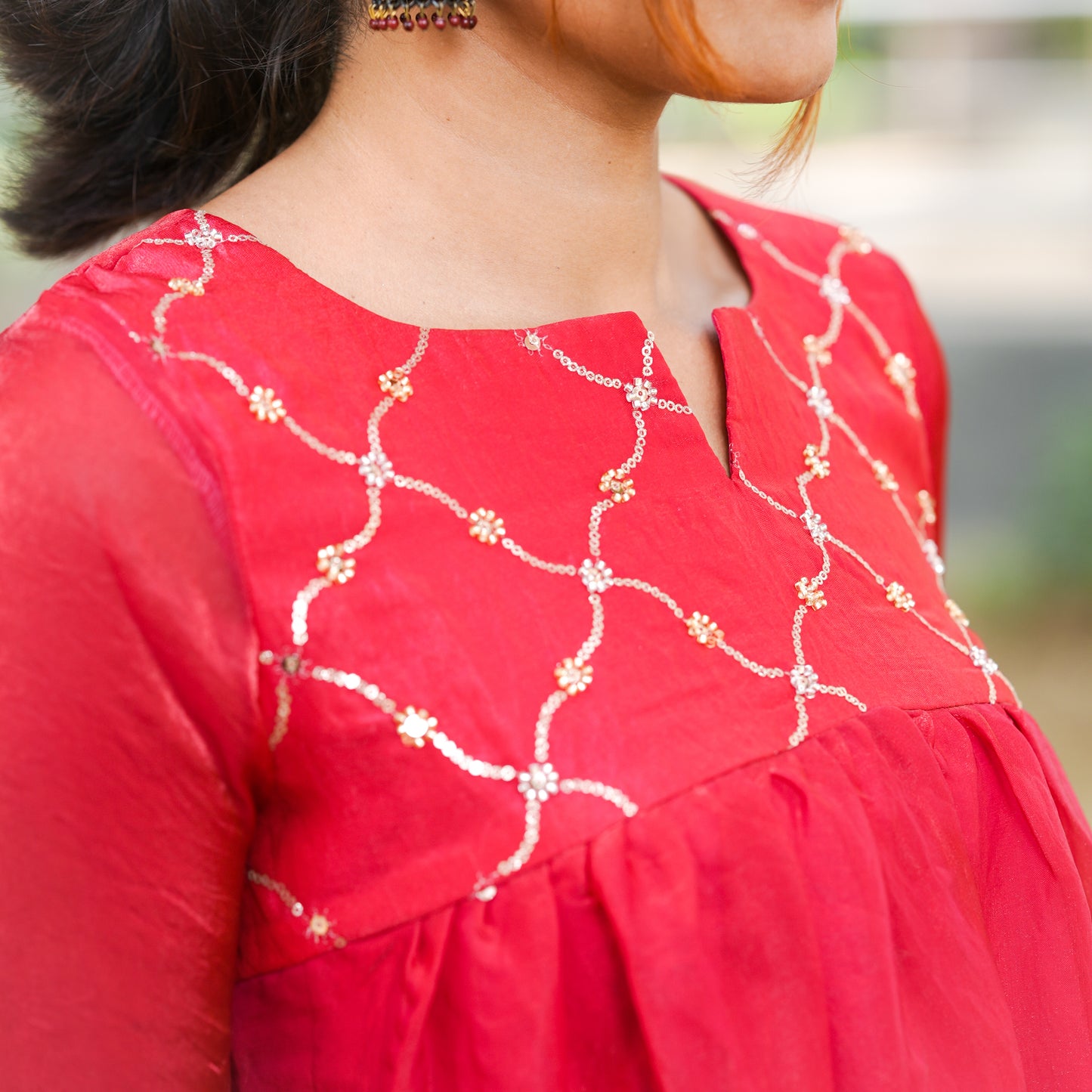 Contemporary Elegance Premium Ruby Pink space silk A-Line 3-Piece Kurti Set