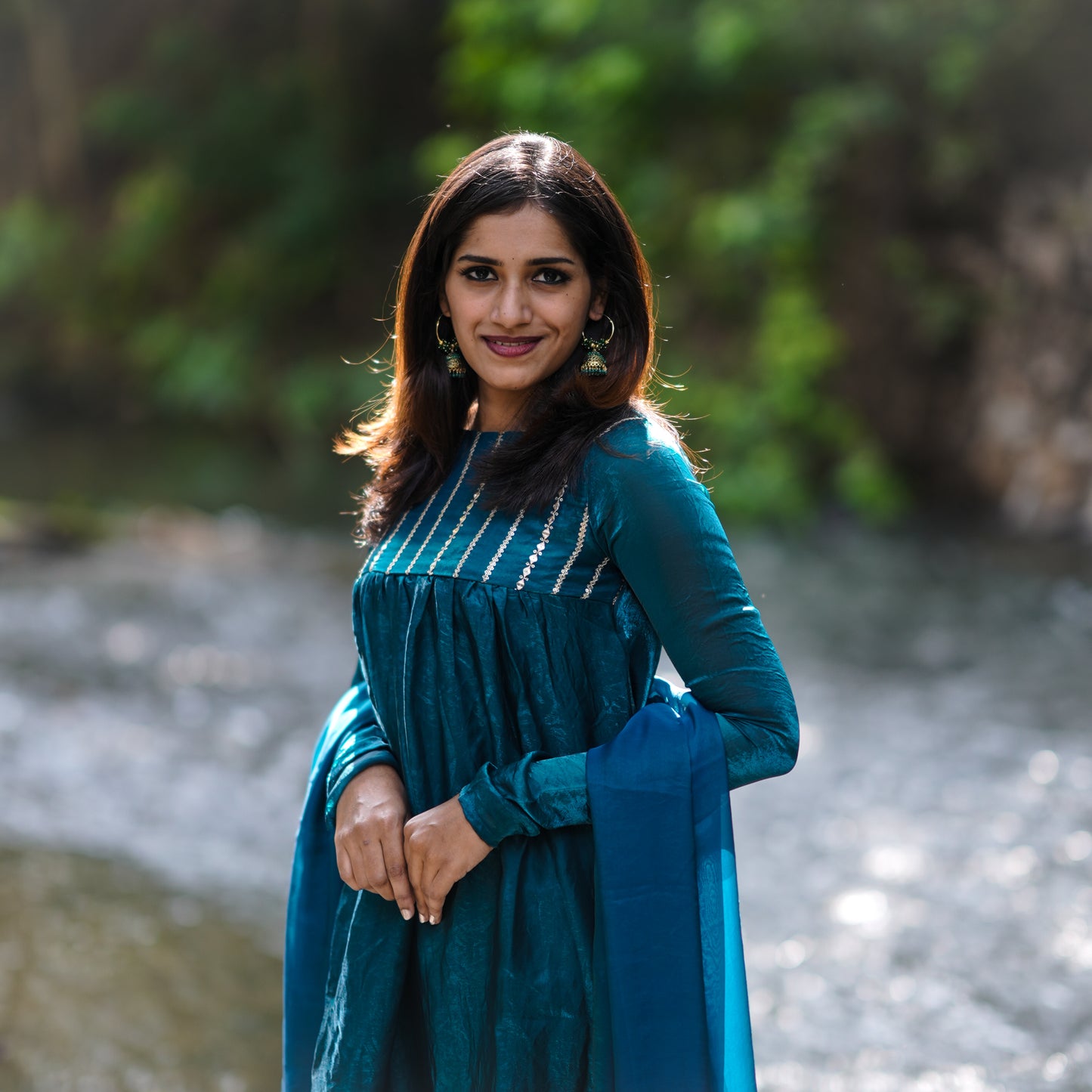 Azura Essence Emerald Blue Space Silk A-Line 3-Piece Kurti Set