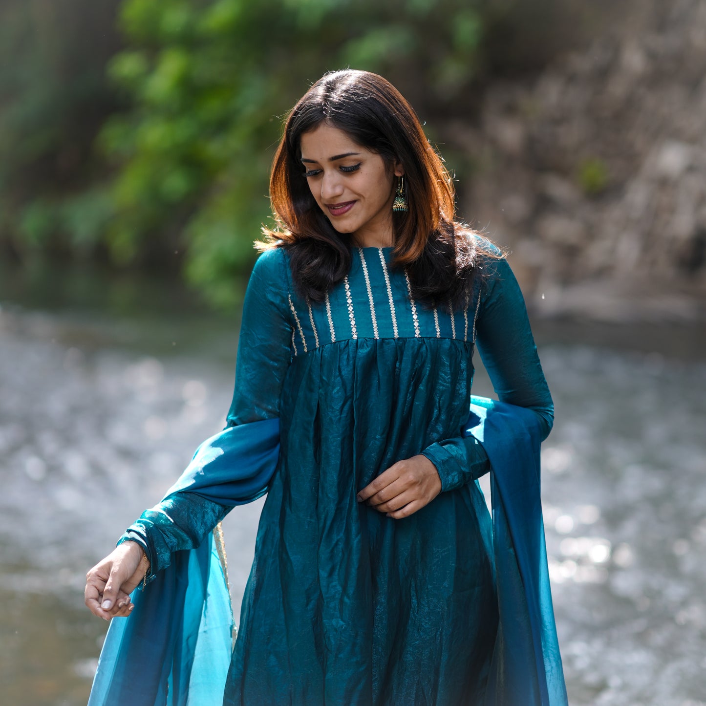 Azura Essence Emerald Blue Space Silk A-Line 3-Piece Kurti Set