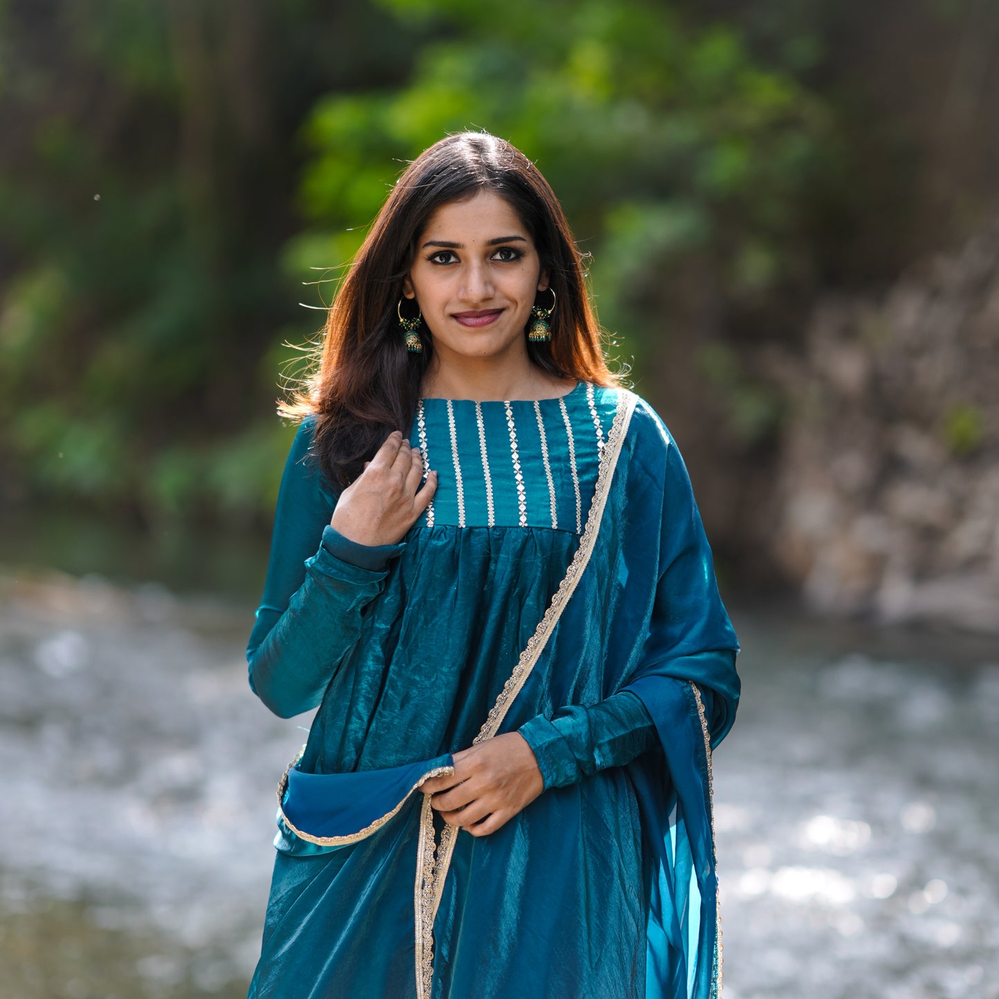 Azura Essence Emerald Blue Space Silk A-Line 3-Piece Kurti Set