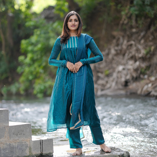 Azura Essence Emerald Blue Space Silk A-Line 3-Piece Kurti Set