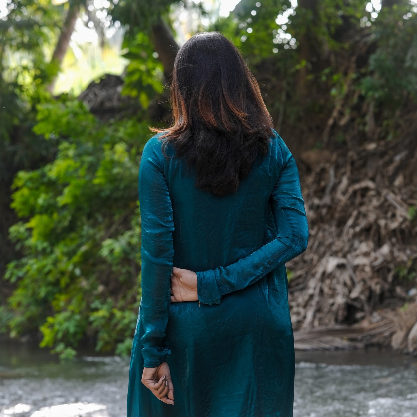 Azura Essence Emerald Blue Space Silk A-Line 3-Piece Kurti Set