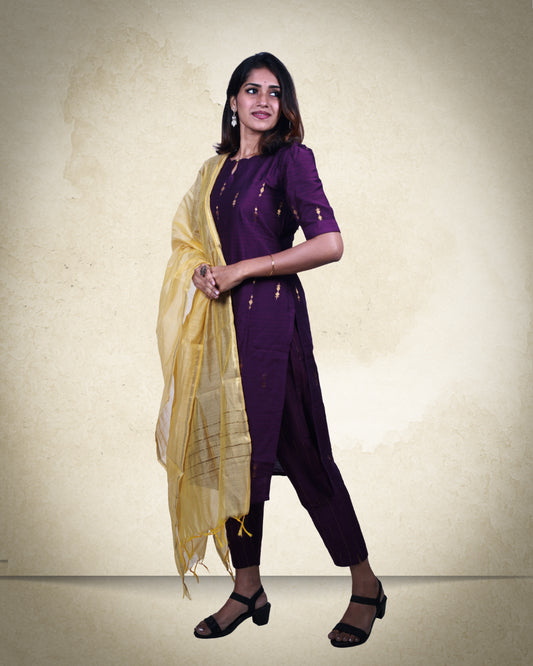 Premium Violet Raw Silk Golden Zari Butta Motifs 3-Piece Kurti Set
