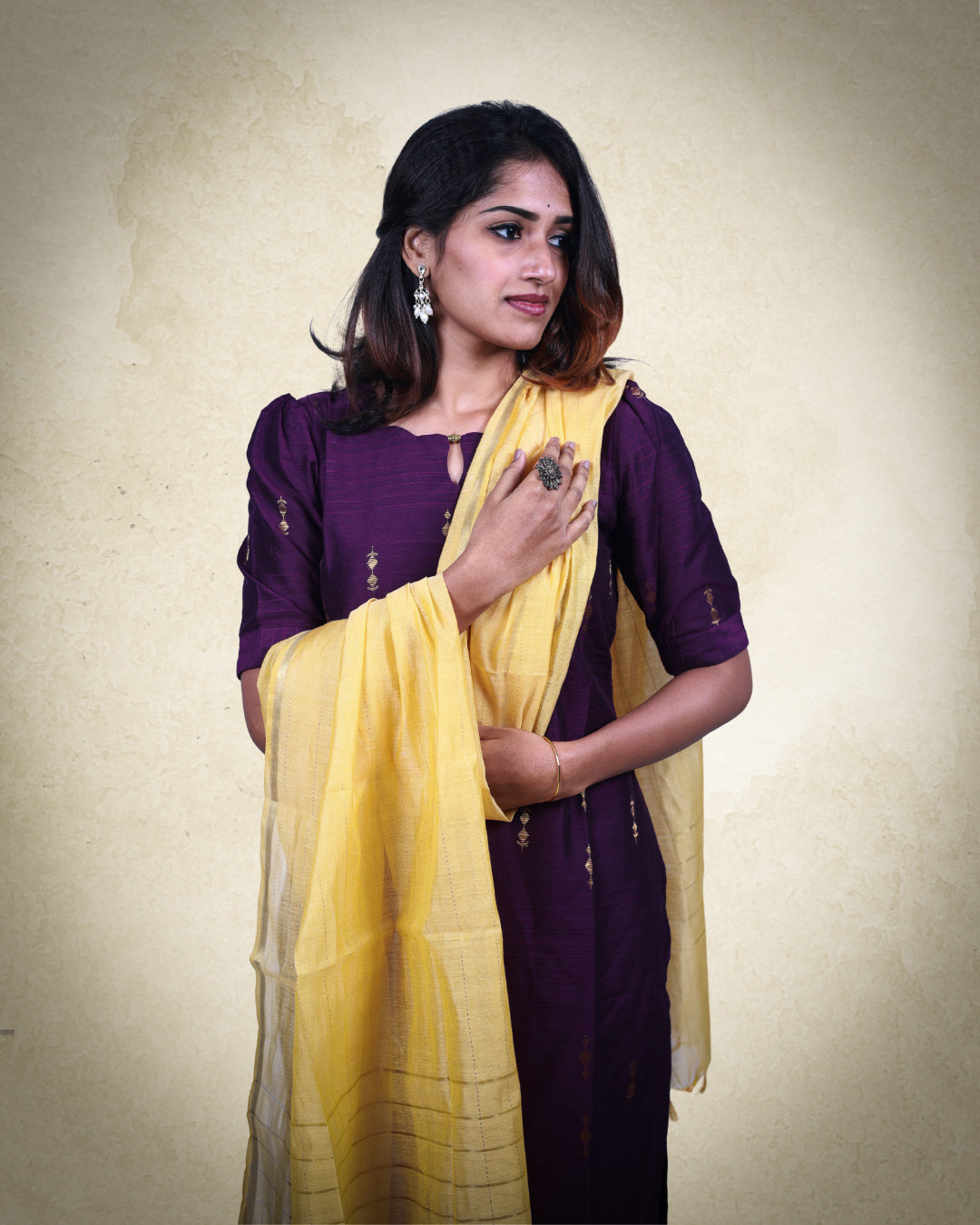 Premium Violet Raw Silk Golden Zari Butta Motifs 3-Piece Kurti Set