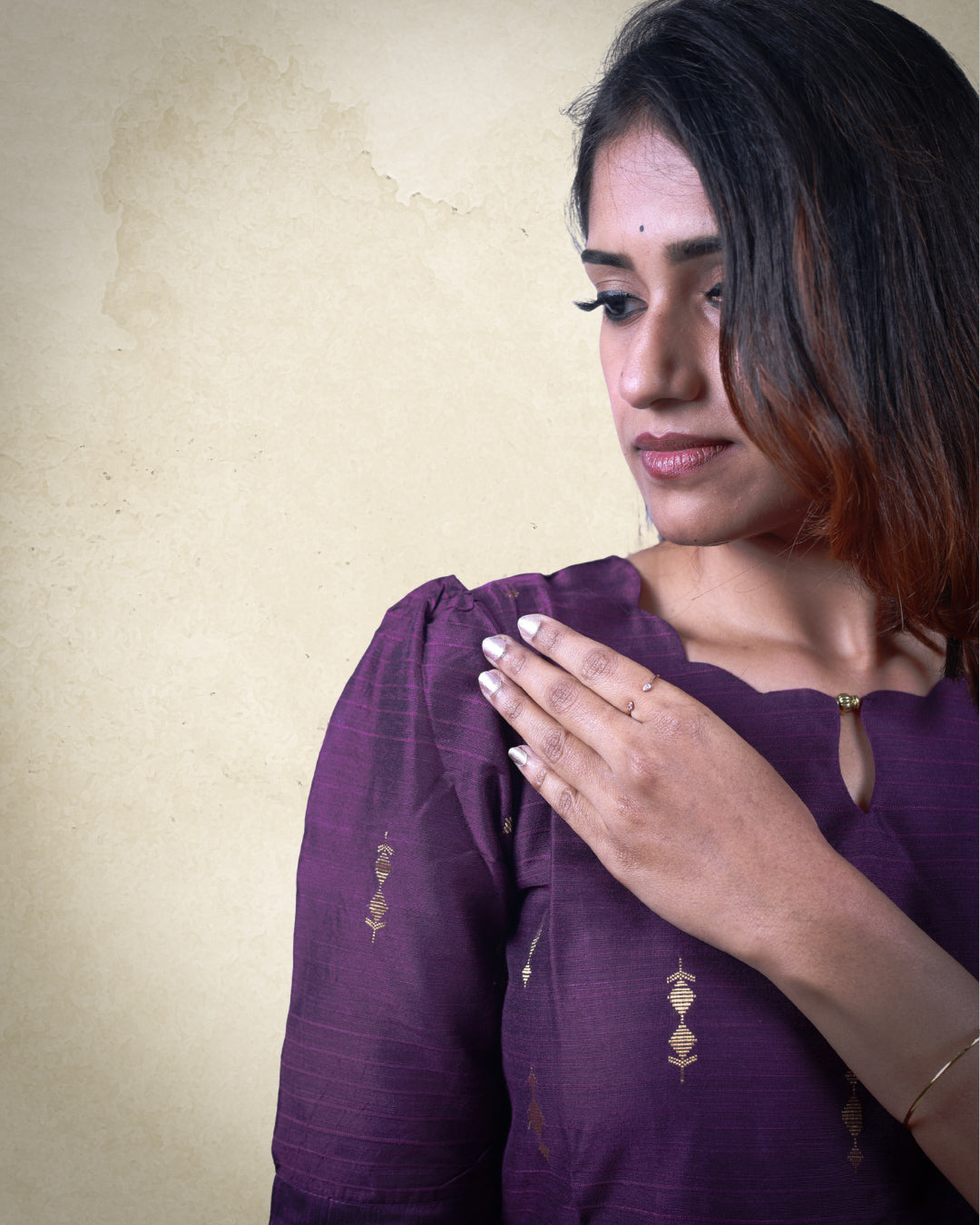 Premium Violet Raw Silk Golden Zari Butta Motifs 3-Piece Kurti Set