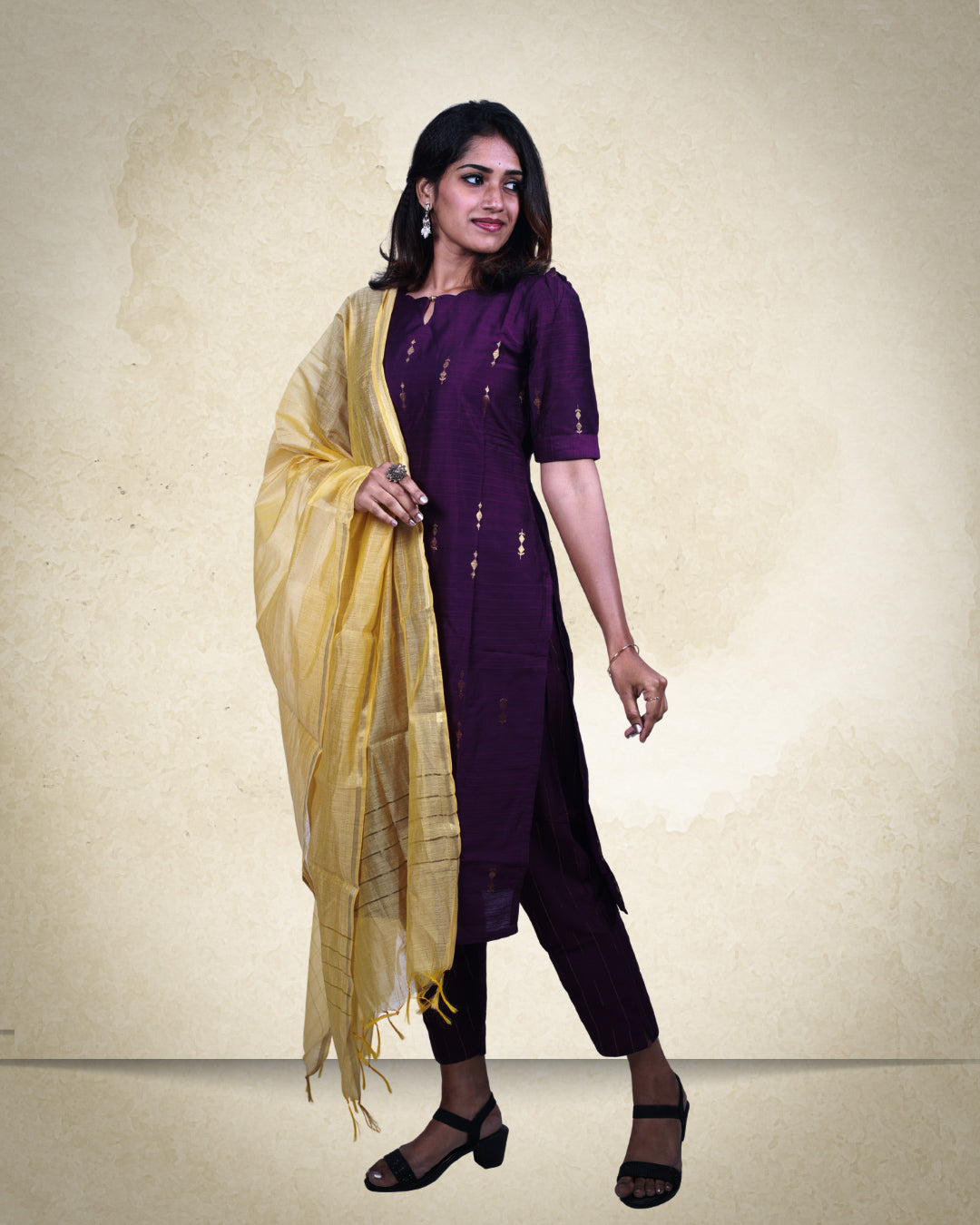 Premium Violet Raw Silk Golden Zari Butta Motifs 3-Piece Kurti Set