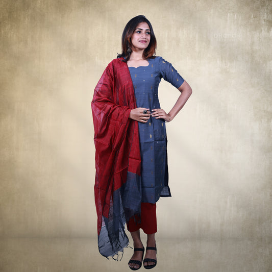 Classic Gray Raw Silk Zai Butta 3-Piece Kurti Set