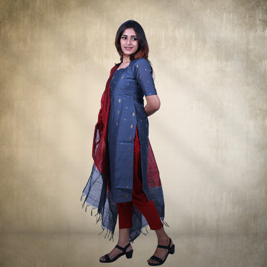 Classic Gray Raw Silk Zai Butta 3-Piece Kurti Set