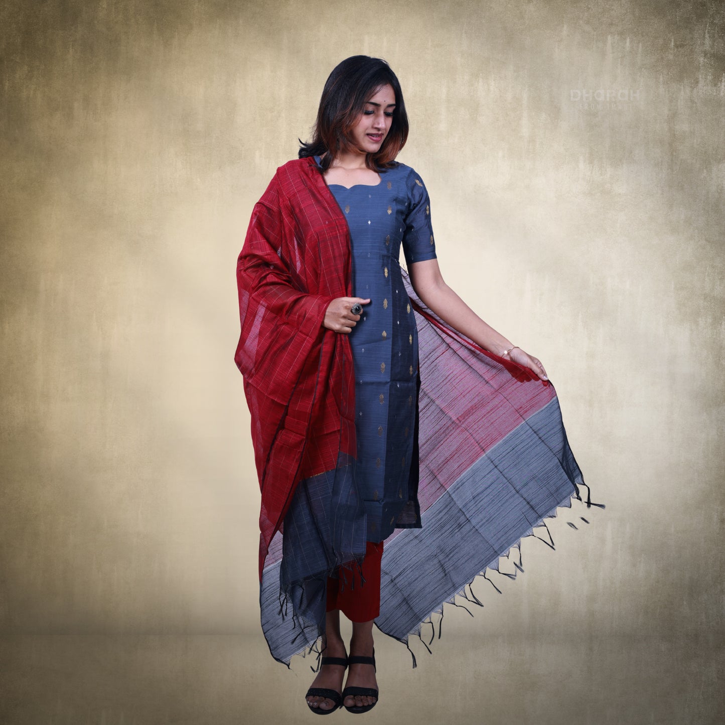 Classic Gray Raw Silk Zai Butta 3-Piece Kurti Set