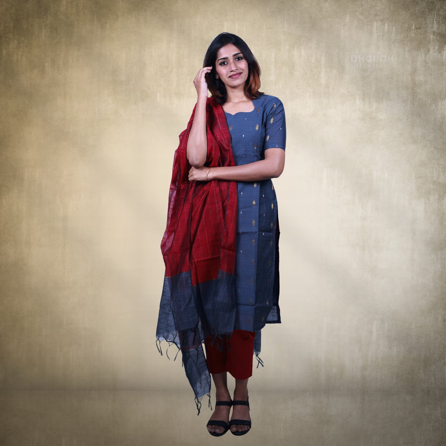 Classic Gray Raw Silk Zai Butta 3-Piece Kurti Set