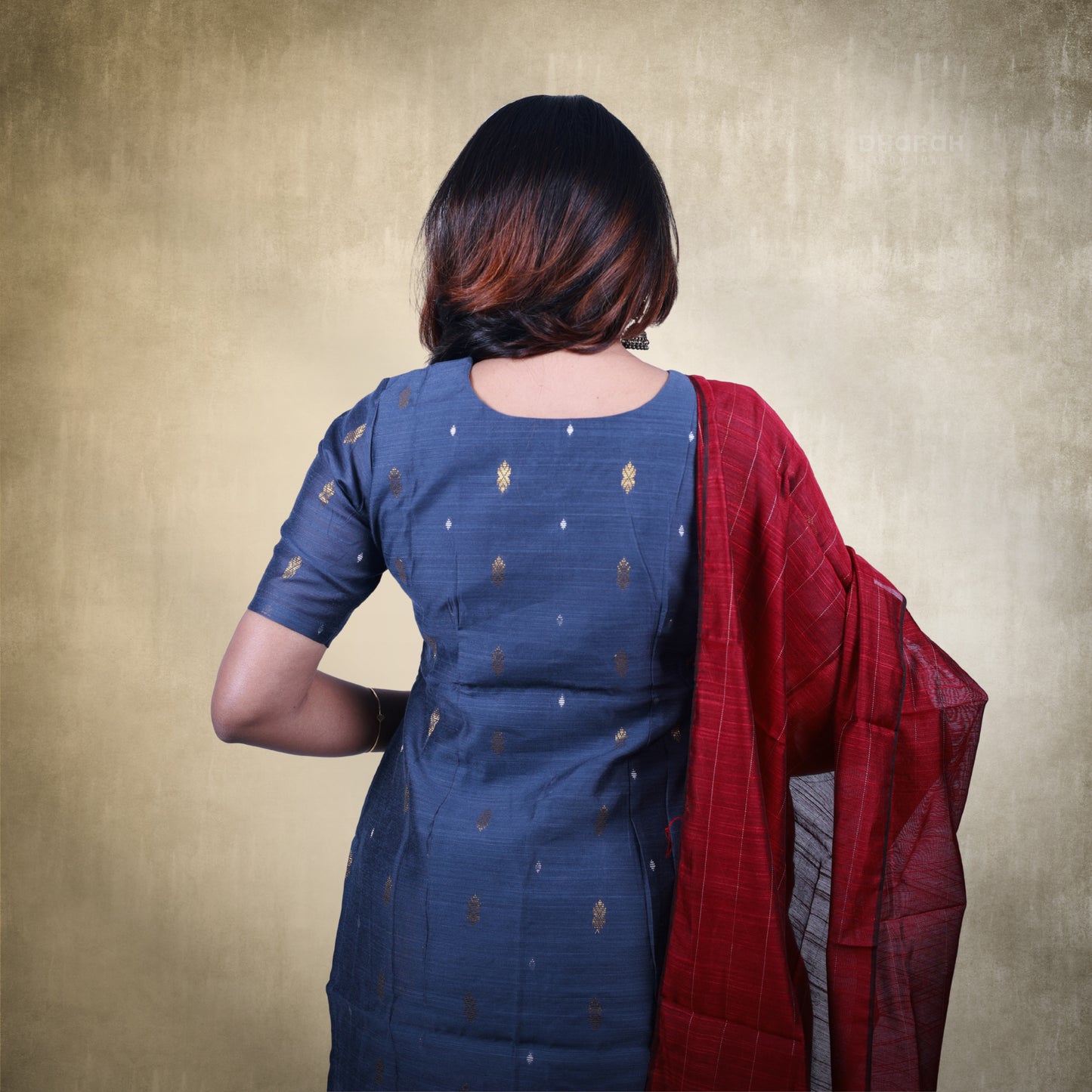 Classic Gray Raw Silk Zai Butta 3-Piece Kurti Set