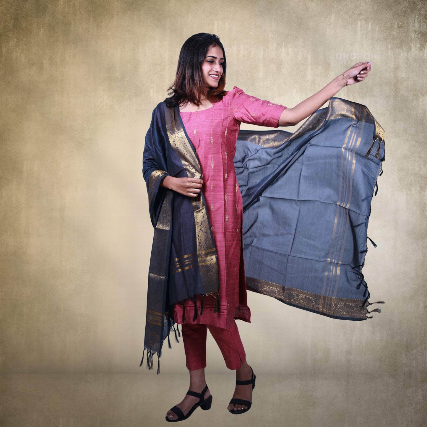 Heirloom Blush Pink Raw Silk Golden Zari Motifs Kurti 3-Piece Kurti Set