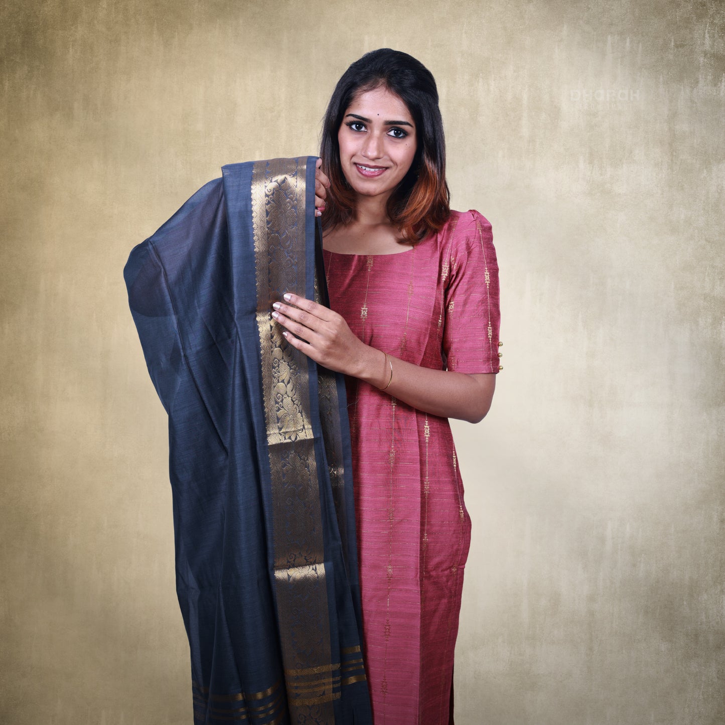 Heirloom Blush Pink Raw Silk Golden Zari Motifs Kurti 3-Piece Kurti Set