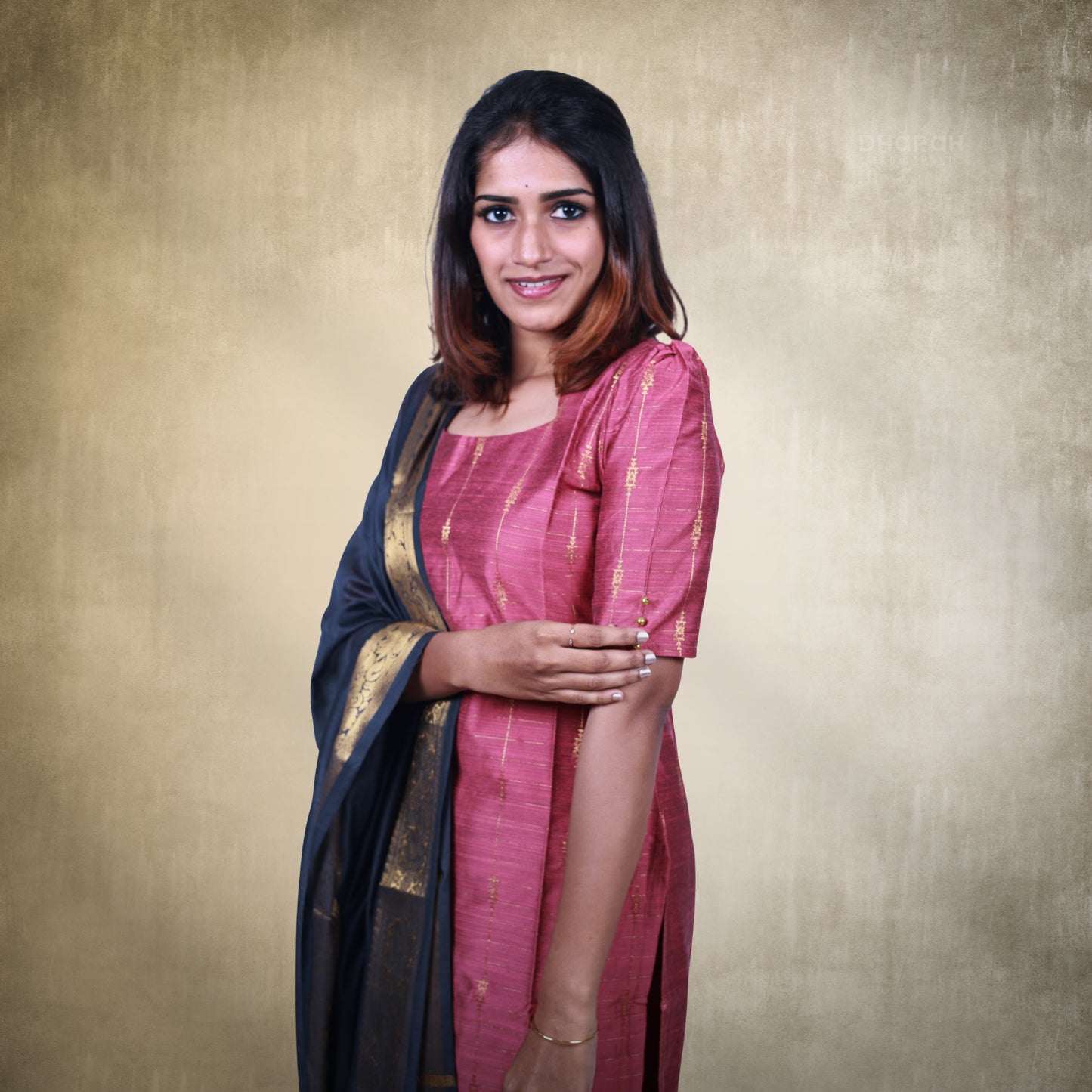 Heirloom Blush Pink Raw Silk Golden Zari Motifs Kurti 3-Piece Kurti Set