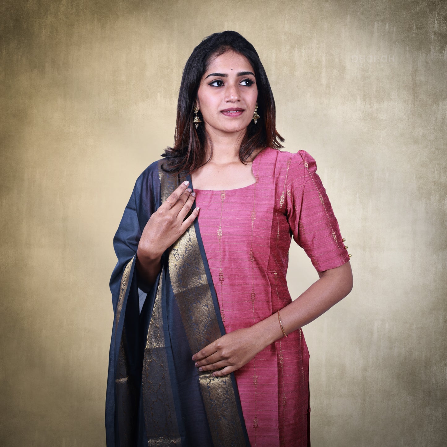 Heirloom Blush Pink Raw Silk Golden Zari Motifs Kurti 3-Piece Kurti Set