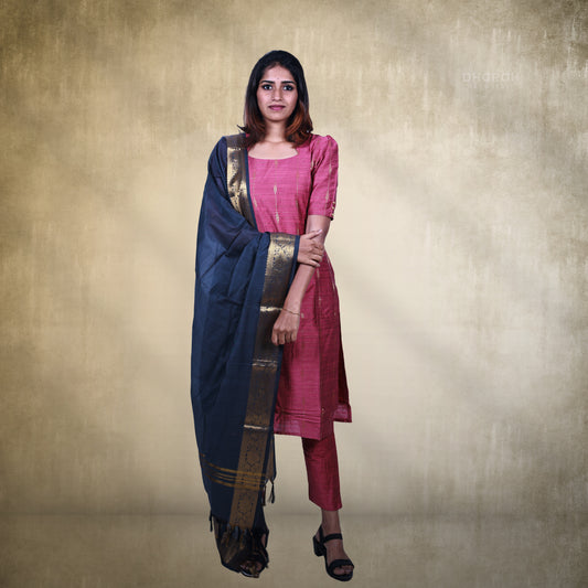 Heirloom Blush Pink Raw Silk Golden Zari Motifs Kurti 3-Piece Kurti Set